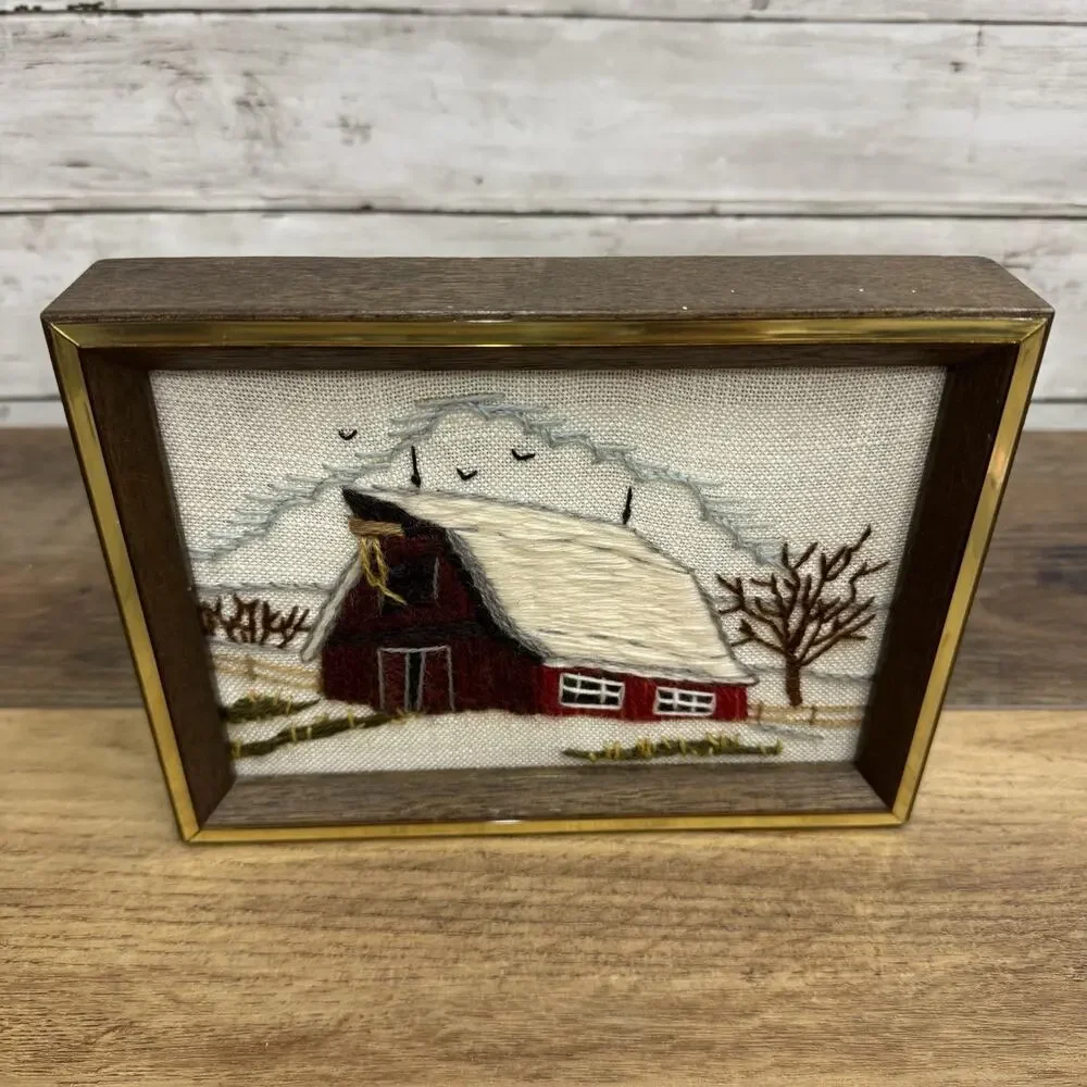 Vintage Needlepoint Cross Stitch winter Red Barn Farm Crossstitch Crewel 8x6